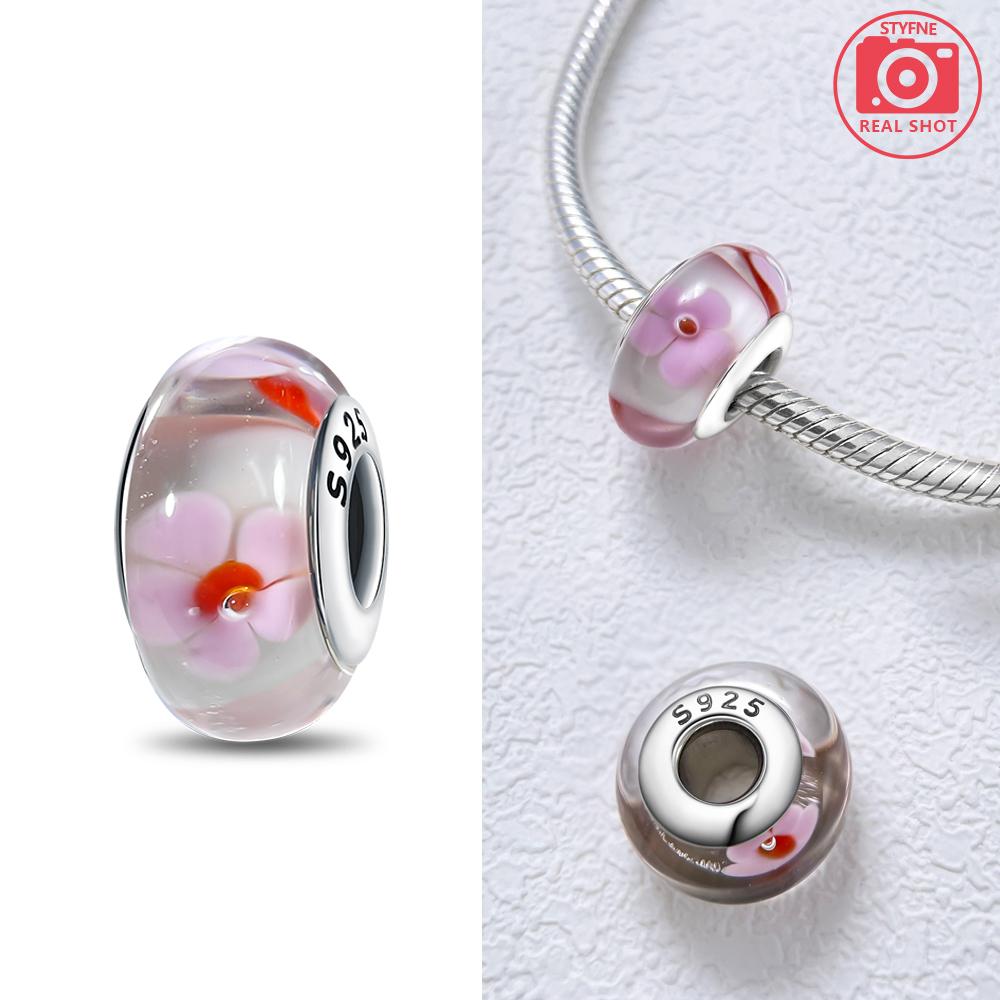 Pink Flowers Murano Original Glass Beads Copper Colors For Charms Copper Colors Original Bracelet For Jewelry Making