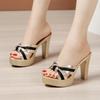 Plus Size 32-43 Open Head Block Heel Platform Slippers Summer 2025 Stripe Elegant High Heels Slides Office Party Shoes