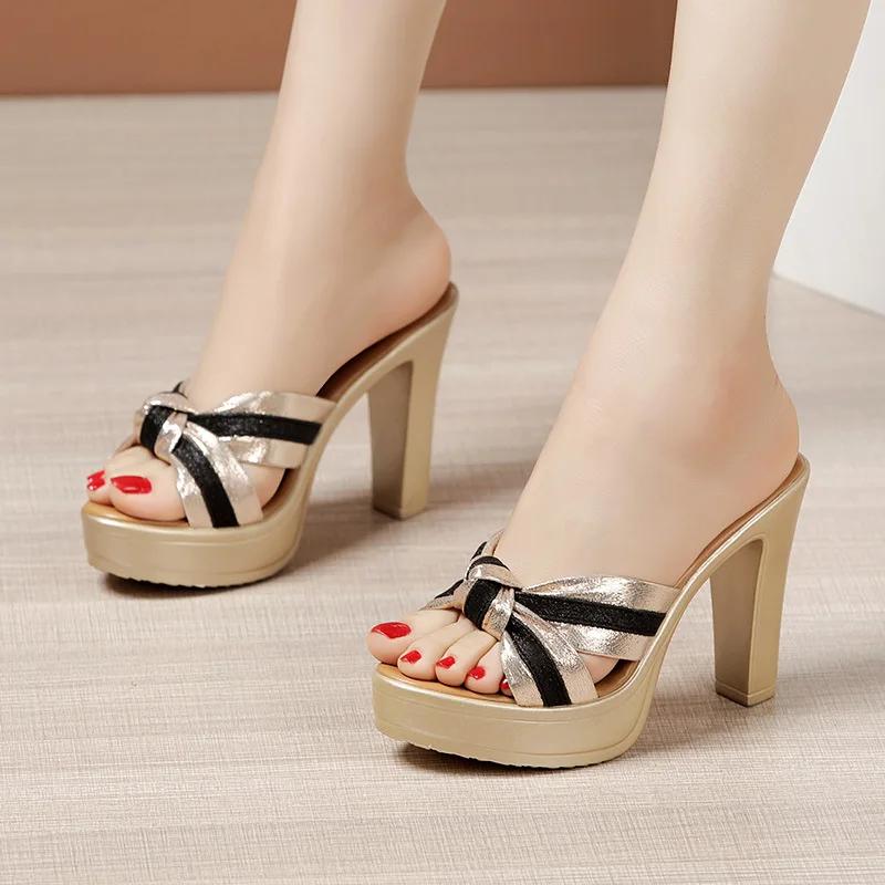 Plus Size 32-43 Open Head Block Heel Platform Slippers Summer 2025 Stripe Elegant High Heels Slides Office Party Shoes