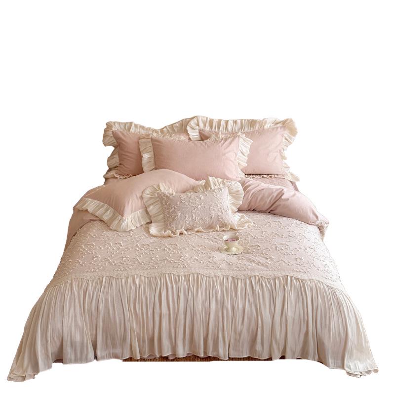 French Luxury Lace-Edged Cotton Linen 4-Piece Bedding Set in Princess Style