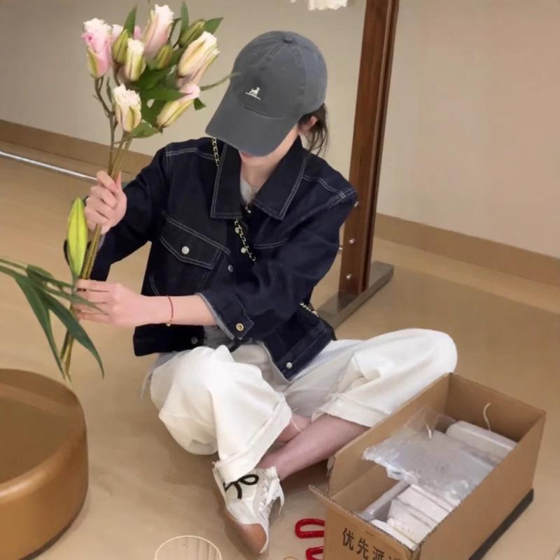 Hong Kong Retro Dark Blue Denim Jacket with Turn-Down Collar - Women's Loose Slimming Design