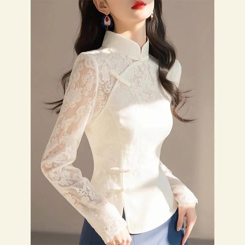 2025 Spring  Unique Beautiful Light Luxurious Age-Reducing Western Style New Chinese Style National  White Lace Button Shirt for Women
