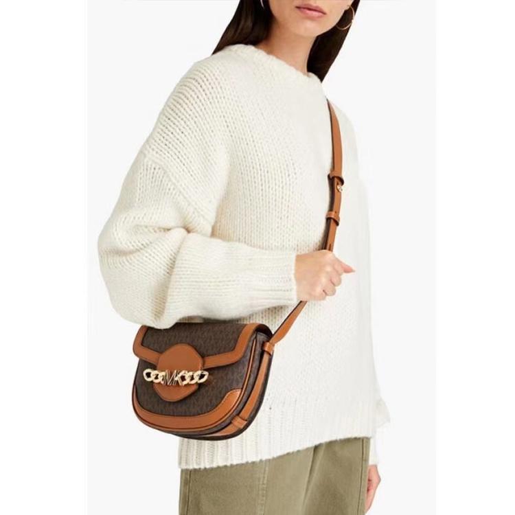 Michael Kors Hally Classic Monogram Print Color Block PVC Saddle Bag Women Shoulder Bag Dark-Brown Acorn-Brown 30H1G2HM6B-BRN-ACORN