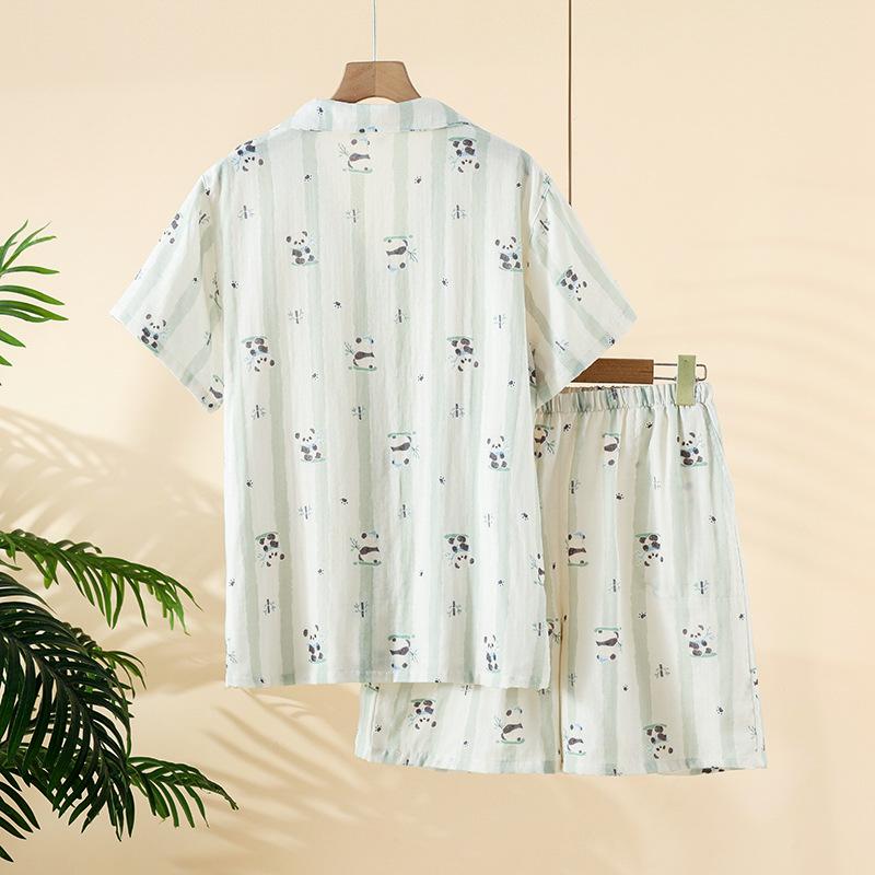 2026 Summer New Women's Pajama Set 100% Cotton Gauze Short Sleeve Shorts Two Piece Set Thin Cardigan Home Clothes Sleepwear