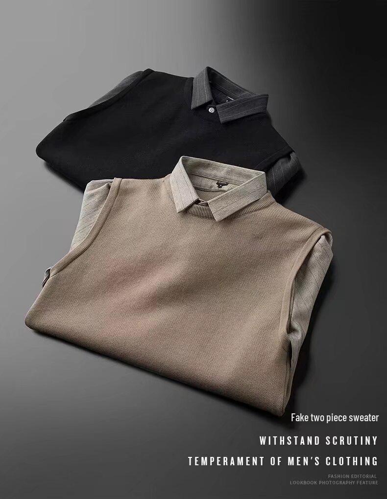 British Style Men's Knitwear: Casual Loose Patchwork Sweater with Shirt Collar, Autumn-Winter Bestseller