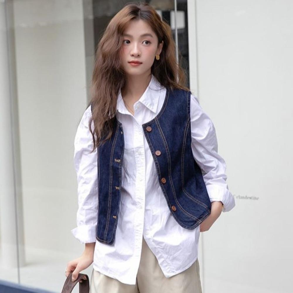 All Match Vintage Denim Vests Blue Cropped Sleeveless Jacket Simple Button-up Short Coats  Ladies
