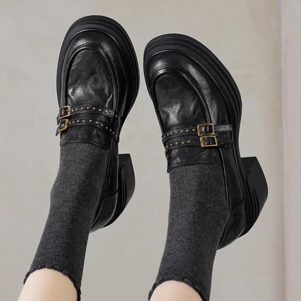British style spring 2025 new loafers women's platform heightening small leather shoes rivet belt buckle sheepskin single shoes