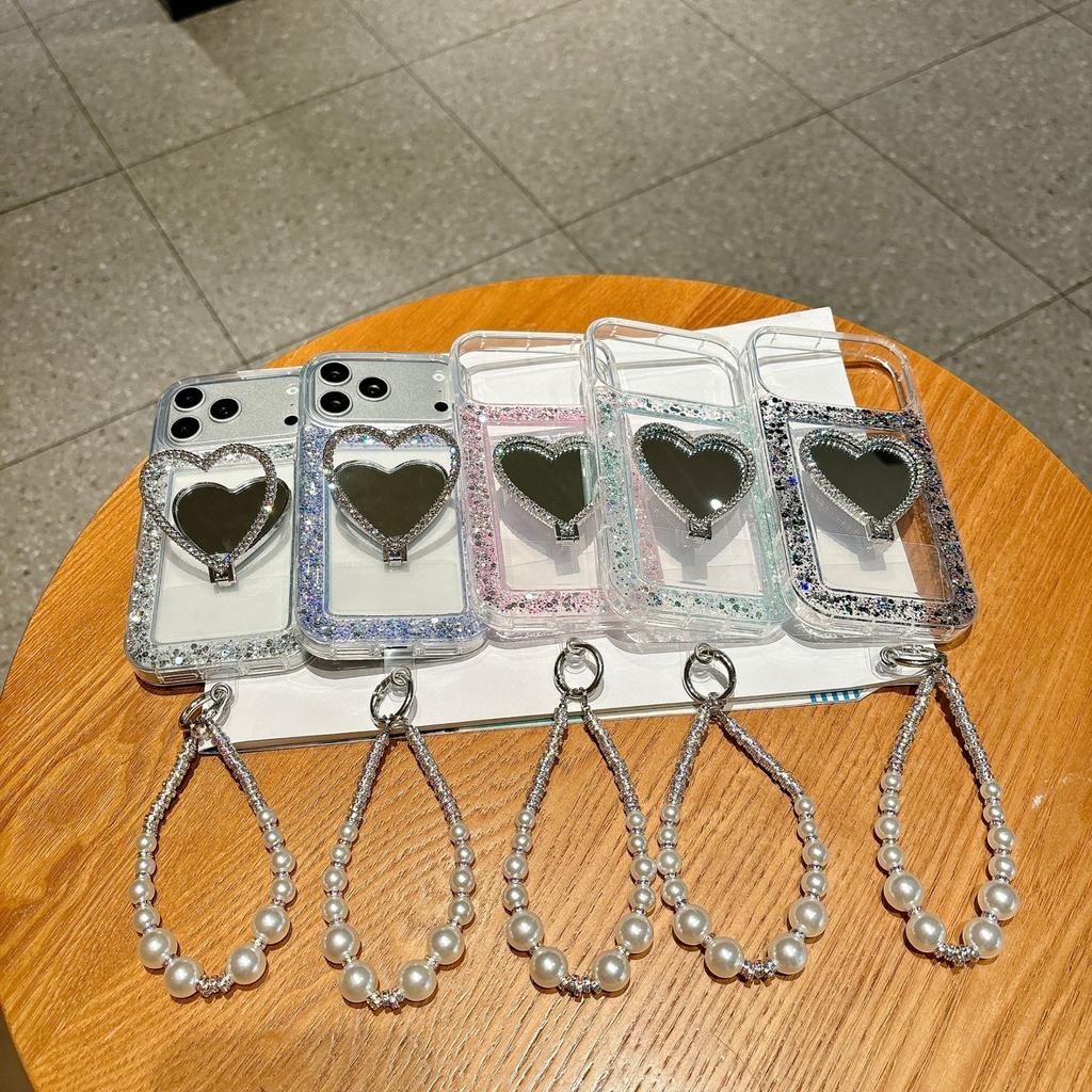 Applicable to Apple 17proMax glitter bread shell love mirror + bracelet 16 protective case 15 mobile phone case material
