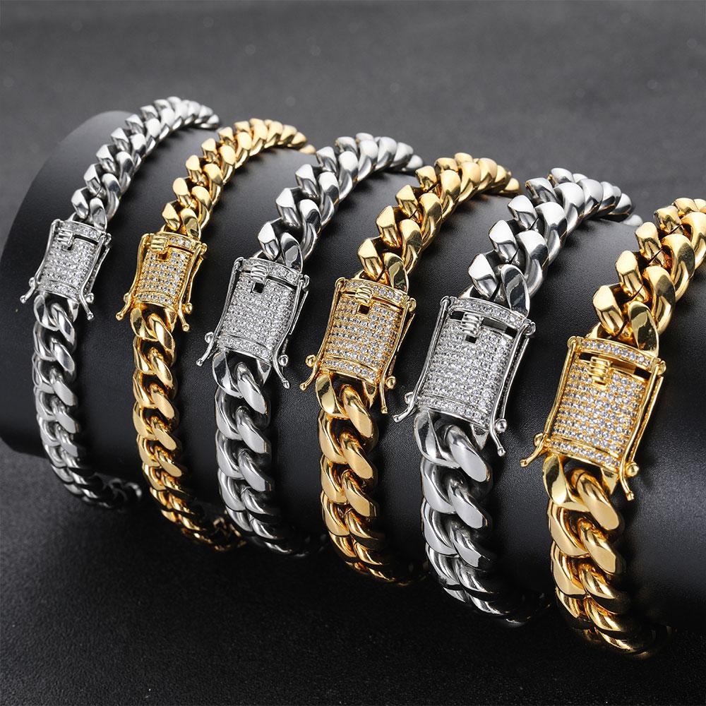 6/8/10/12/14/16MM Hip Hop Rock Zircon Clasp Cuban Bracelets for Men Stainless Steel Jewelry