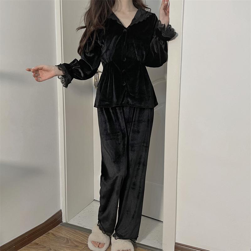

Пижама с лацканами и пуговицами, сексуальная пижама на пуговицах, женская ночная рубашка, велюровый костюм из 2 предметов, рубашка и брюки, повседневная домашняя одежда XL чёрный