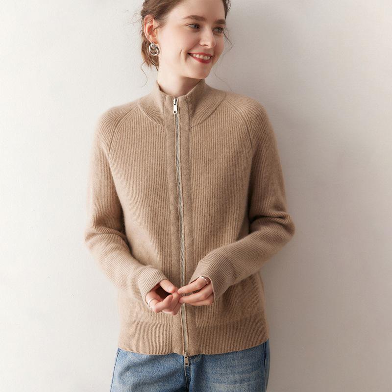 Primo Sguardo Ipnotizzante: Cardigan a maglia larga da donna con colletto alto in cashmere e doppia zip
