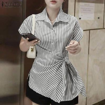Women Turn Down Collar Summer Short Sleeve Stripe Blouse