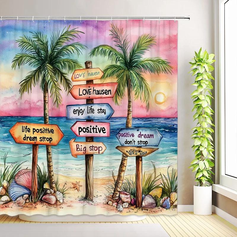 JY01Tropischer Strand Palme Duschvorhang Ozean Seestern Rose Blume Pflanzen Sonnenuntergang Aquarell Landschaft Badezimmerdeko mit Ho@1