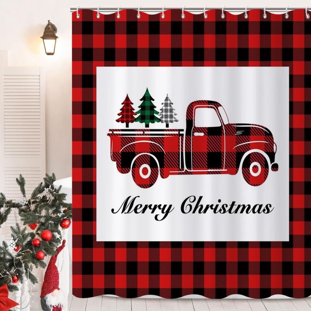 Pink Christmas Shower Curtain, Xmas Cartoon Cute Gingerbread Man House Snowflake Winter New Holiday Bathroom Curtain Waterproof