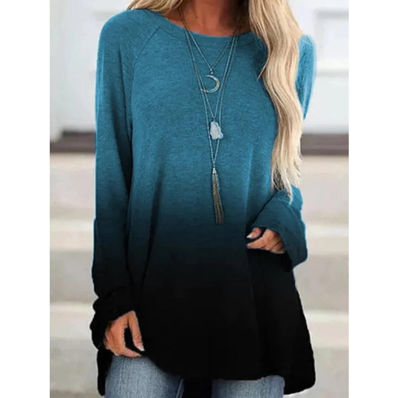 

Осень Зима Круглый вырез Свободный Повседневный Градиентный Пуловер Топ Женский Винтажный С длинным рукавом Все-в-одном Свитшот S синий