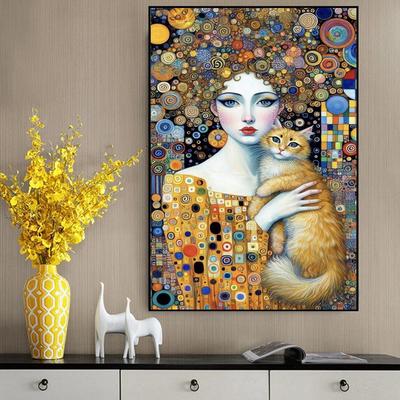 Abstrakte Frau und Katze Leinwandbild Wandkunst Gustav Klimt Kunst Elegantes Mädchen Poster Drucke für Büro Wohnzimmer Heimdekoration