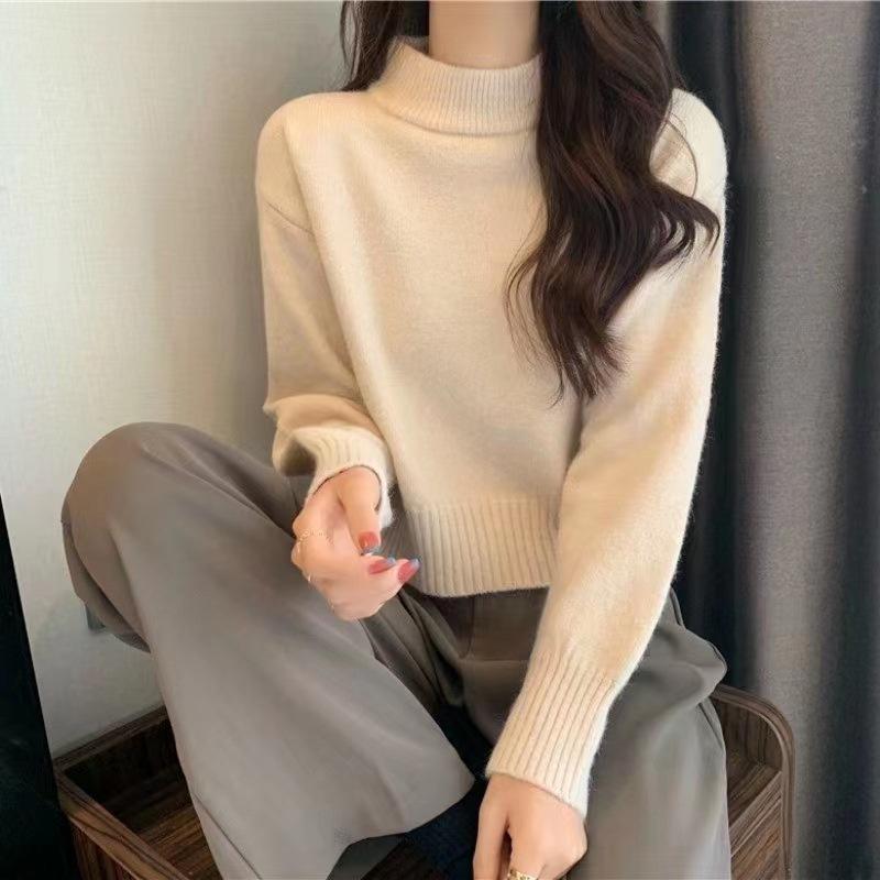 Solid Color Women's Petite Cropped Sweater - Autumn Winter Half-High Neck Knit Pullover