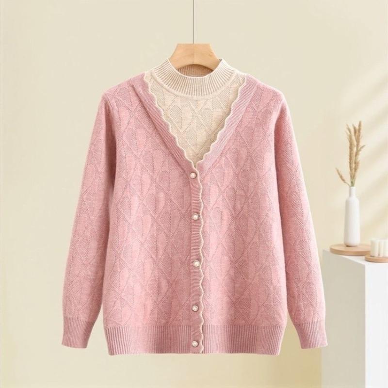 Chinese women's clothing new fake two-piece sweater top short knitted sweater mother autumn clothing middle-aged and elderly bottoming shirt