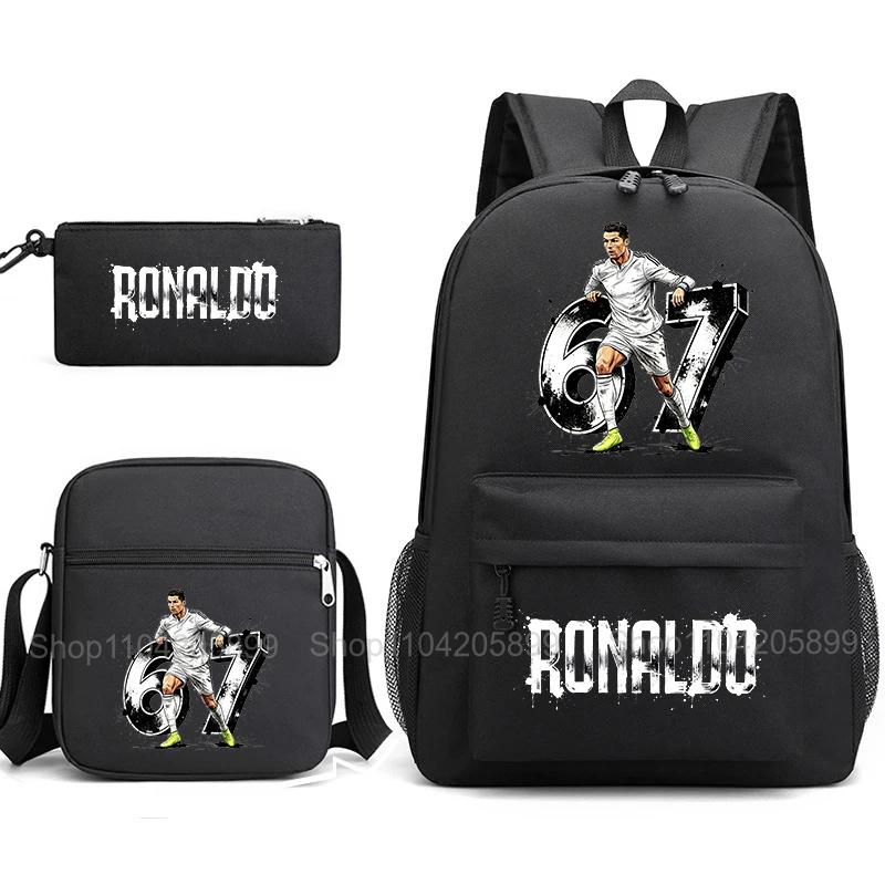 CR7 Ronaldo Backpack Football 67 Print School Bag With Shoulder Bag & Pencil Case For Student Boys Gift Daily Travel Rucksack