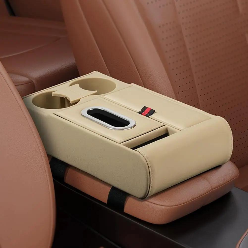 Car Armrest Box Heightening Pad Multifunctional Storage Organizer Vehicle Storage Water Case Holder Box Luxury Cup Tissue J4R3
