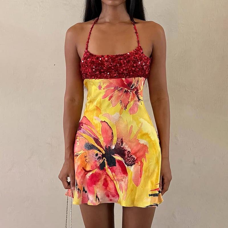 2026 European and American Floral Print Pendant Collar Casual Sexy Off-the-shoulder Slim-fit Dress Women