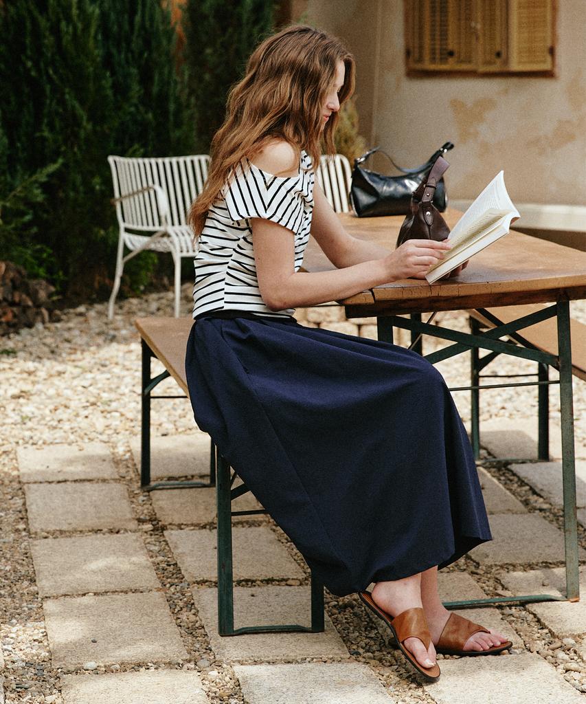 LEFTSEOUL Seersucker Flare Long Skirt [Navy]