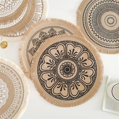 15" Ancient Castle Style Round Woven Tassel Edge Jute Cotton Linen Meal Mats Home Kitchen Restaurant Insulation Dining Table Mat