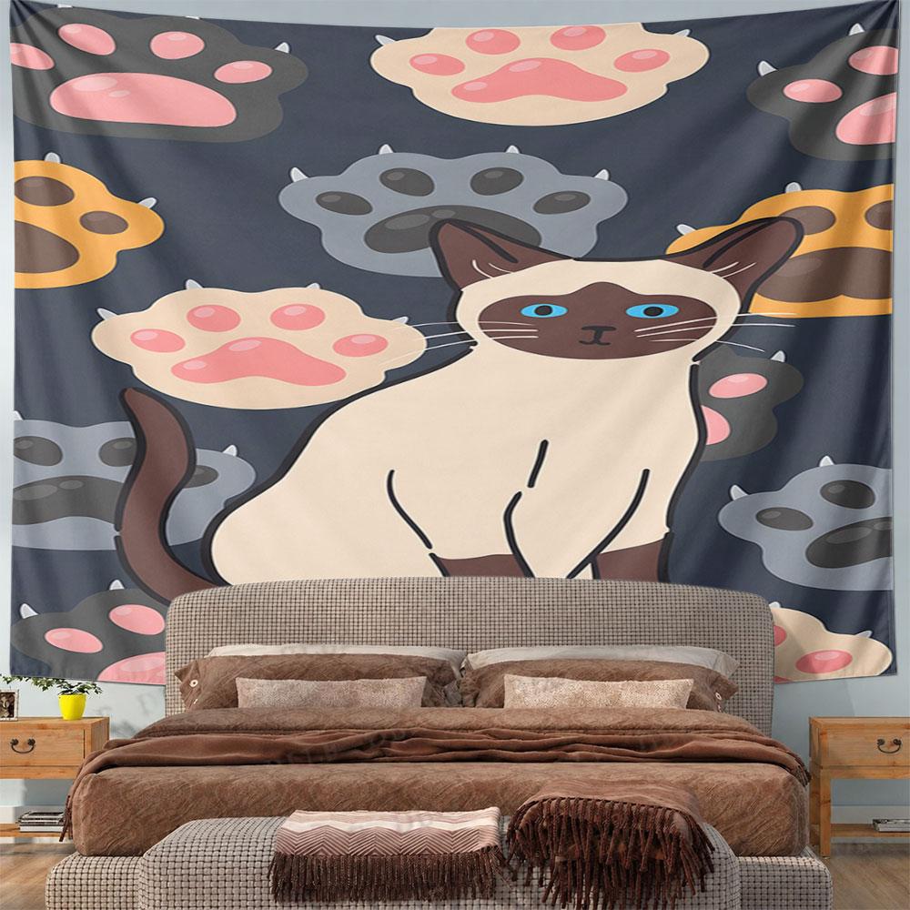 Siamese Cat and Paw Print Pattern Pattern Wall Hanging Tapestry Decorative Tapestry Home Decor for Bedroom and Living Room