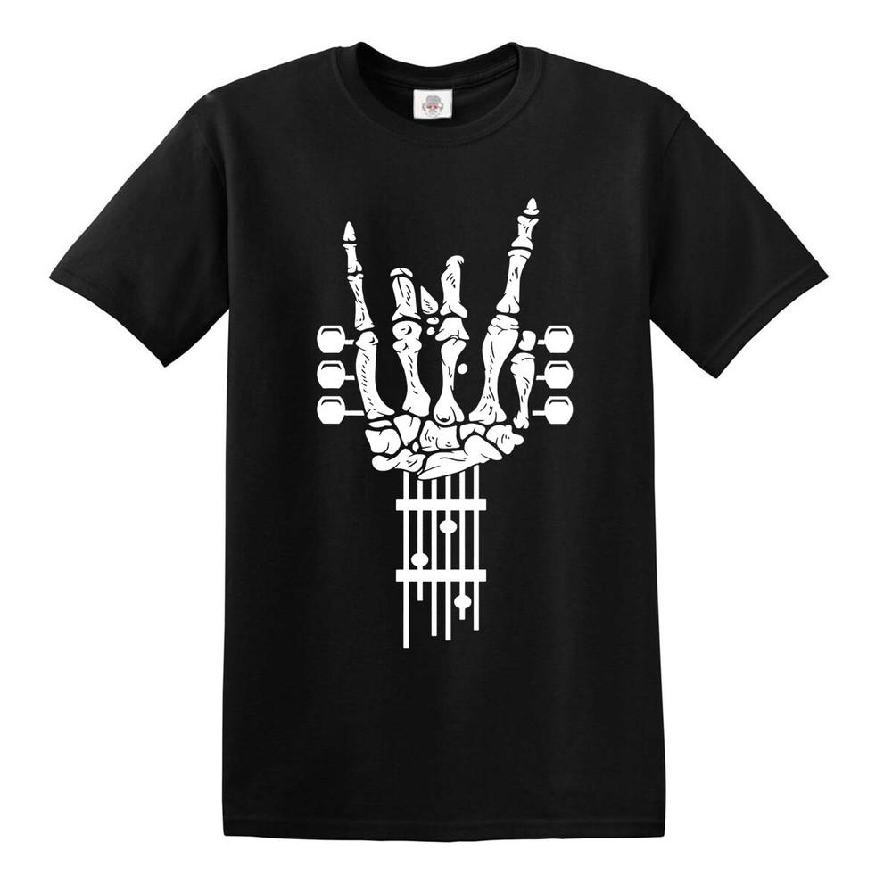 Rock On Guitar Tshirt Music Metal Guitars Goth Punk Skeleton Skull Top Tee