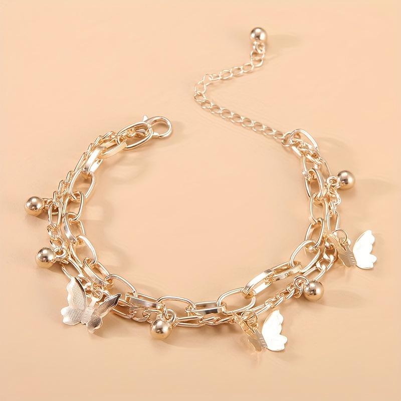 Chic Double-Layer Butterfly Bead & Tassel Bracelet Set золотой