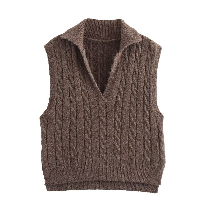 Kaslead New Arrival Women's Clothing Fashion Style Old Money Style Polo Lapel Cable Stitch Knitting Sweater Vest