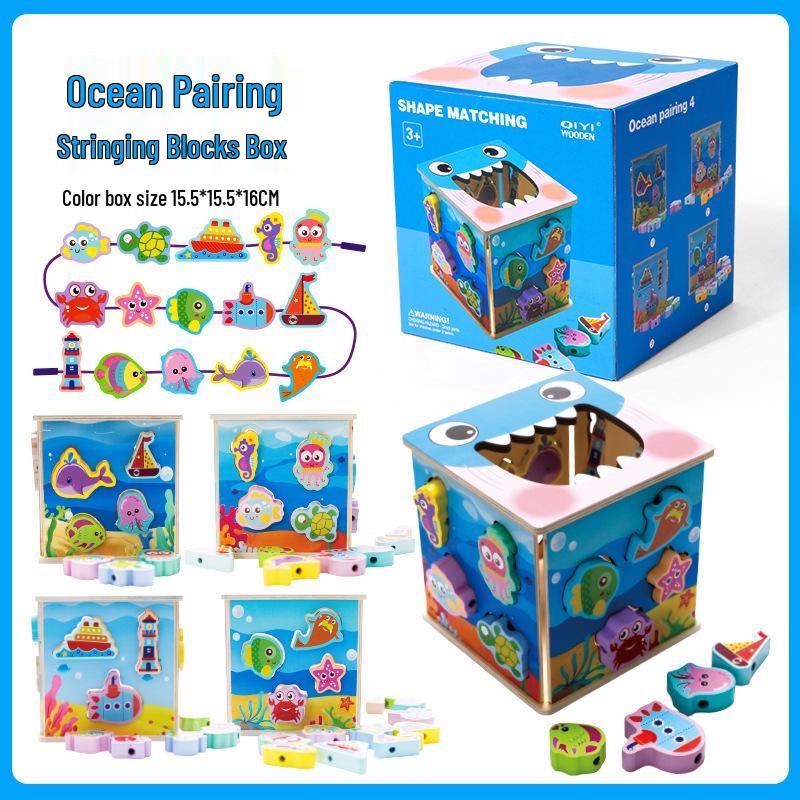 Kids' Wooden Lacing Block Set: Shape Matching Cognitive Toy for Early Education