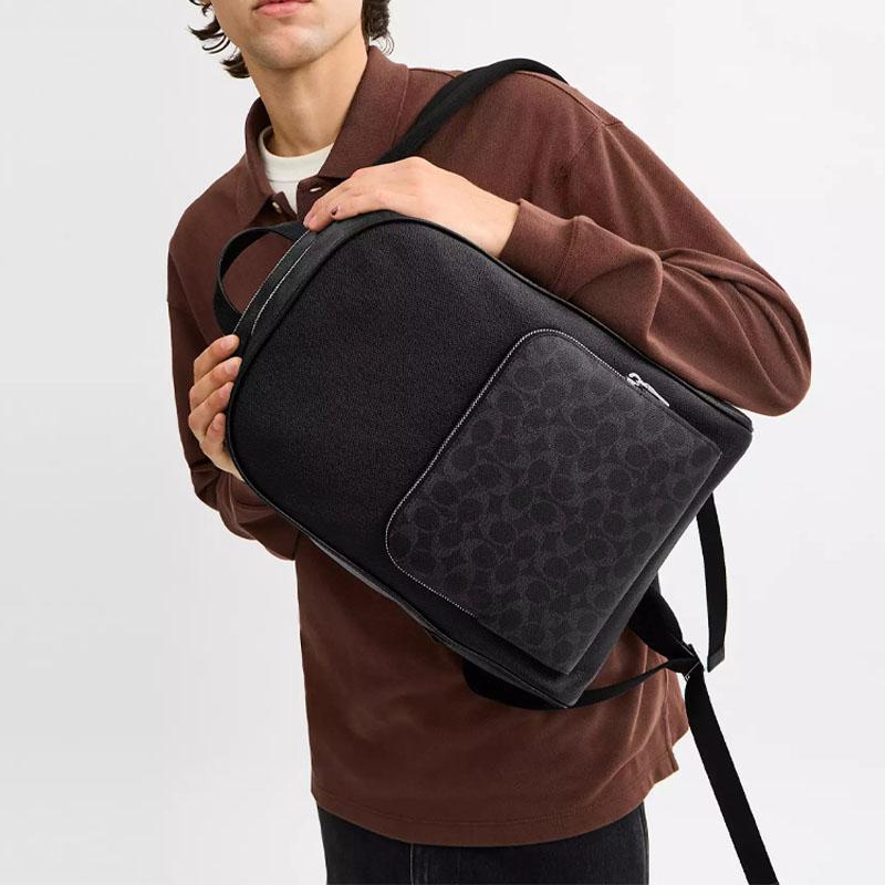 Coach Black Signature Canvas Leather Trim Large Backpack for Daily Use