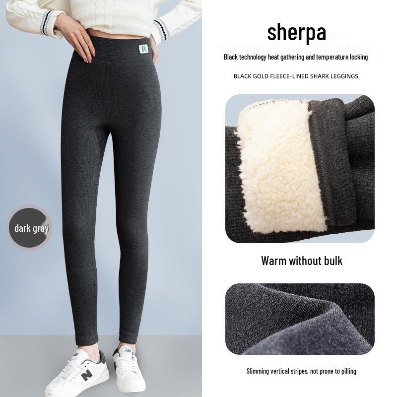 Women's High Waist Fleece-Lined Ribbed Leggings - Warm, Comfortable, Cotton, for Autumn and Winter Wear, Nine-Point Length.