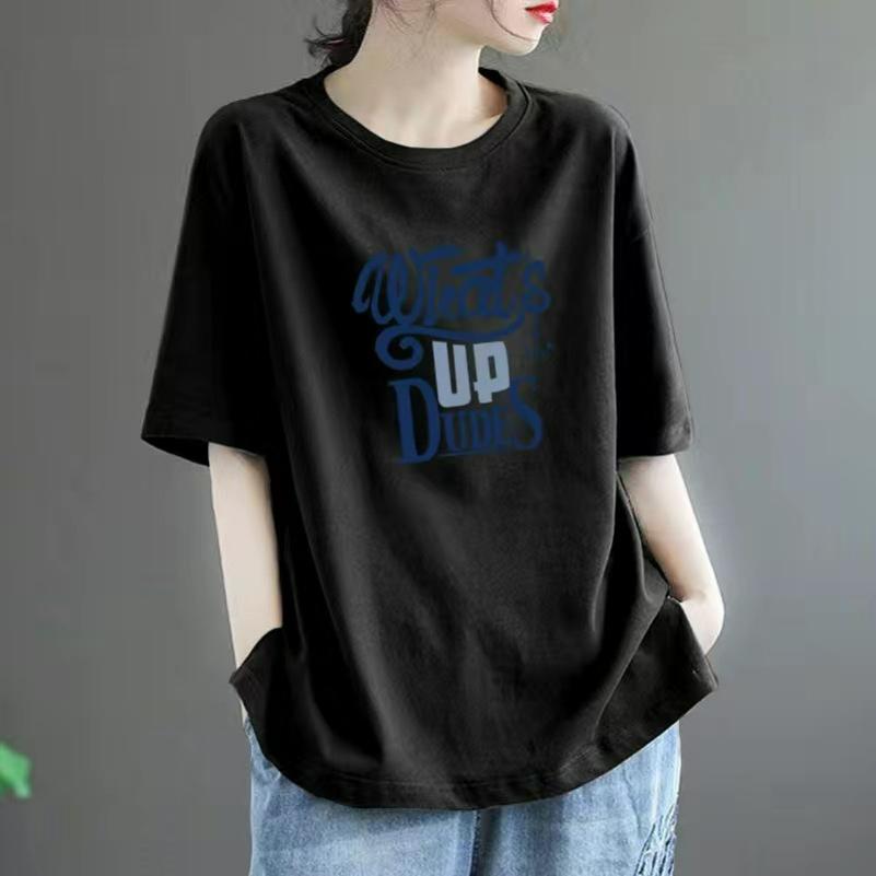 Cotton Short-sleeved T-shirt Women's Summer Loose Large Size All-match Western Casual Printed Top Trend