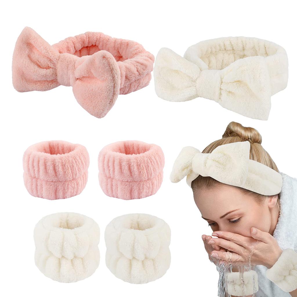 1set Elastic Women Shower Hairband & Wristband Cute Bowknot Plush Face Wash Hairband Home Makeup Headband Wristband
