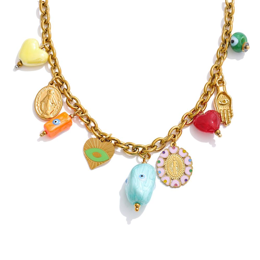 

Yhpup Trendy Stainless Steel Ceramic Eye Heart Charms Pendant Drop Necklace Golden PVD Plated Fashion Collar Charm Jewelry Gift