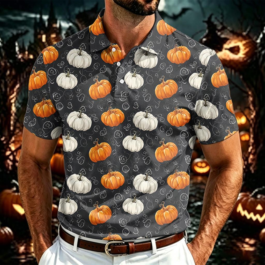 Men's Halloween Print Polo Shirt Lightweight Breathable Mesh Short Sleeve Collared Shirt Casual Summer Top
