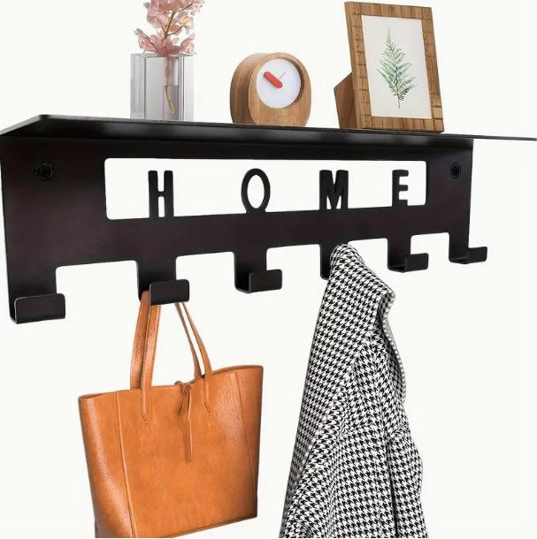 Wall-Mounted Black Metal Coat Rack with Shelf and 6 Hooks