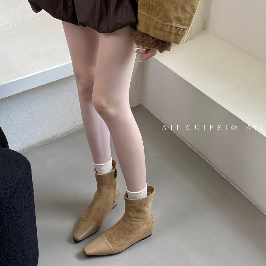 French splicing square head thick heel short boots women's 2025 autumn and winter new suede temperament medium heel thin boots socks boots women's