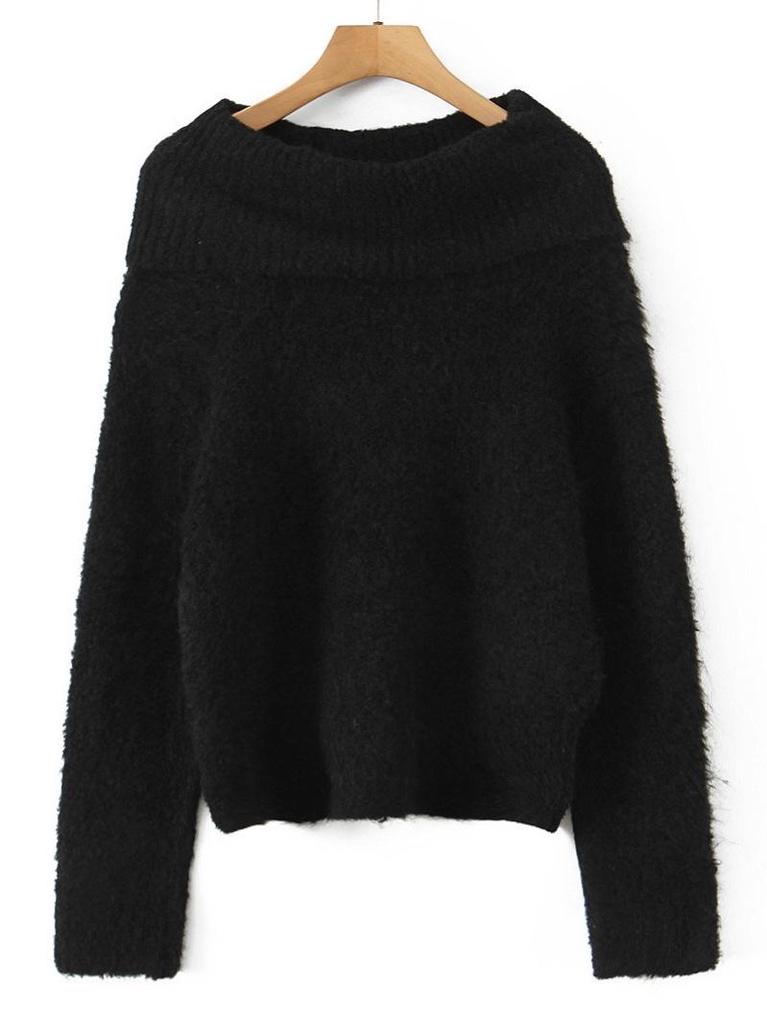 French Winter Off-Shoulder Soft Knit Sweater - Solid Color Loose Pullover