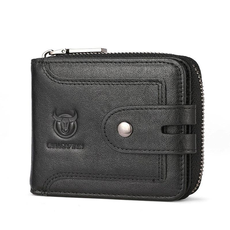 BULLCAPTAIN Men's Genuine Leather Short Zipper Wallet - Multi-Function Organizer with ID Card Holder | Premium Vintage Style