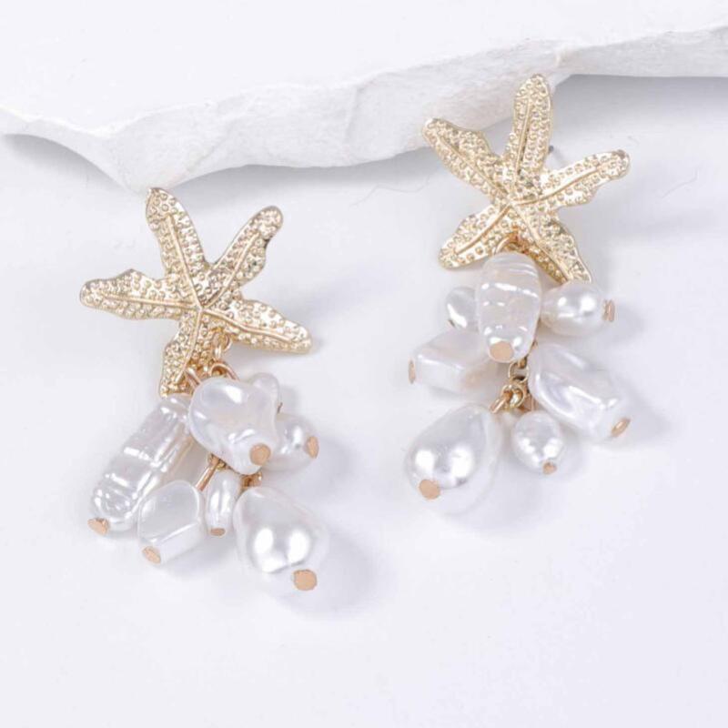 Irregular Imitation Pearl Beaded Dangle Earrings for Women Ladies Ocean Style Metal Starfish Drop Earrings Jewelry Accessories