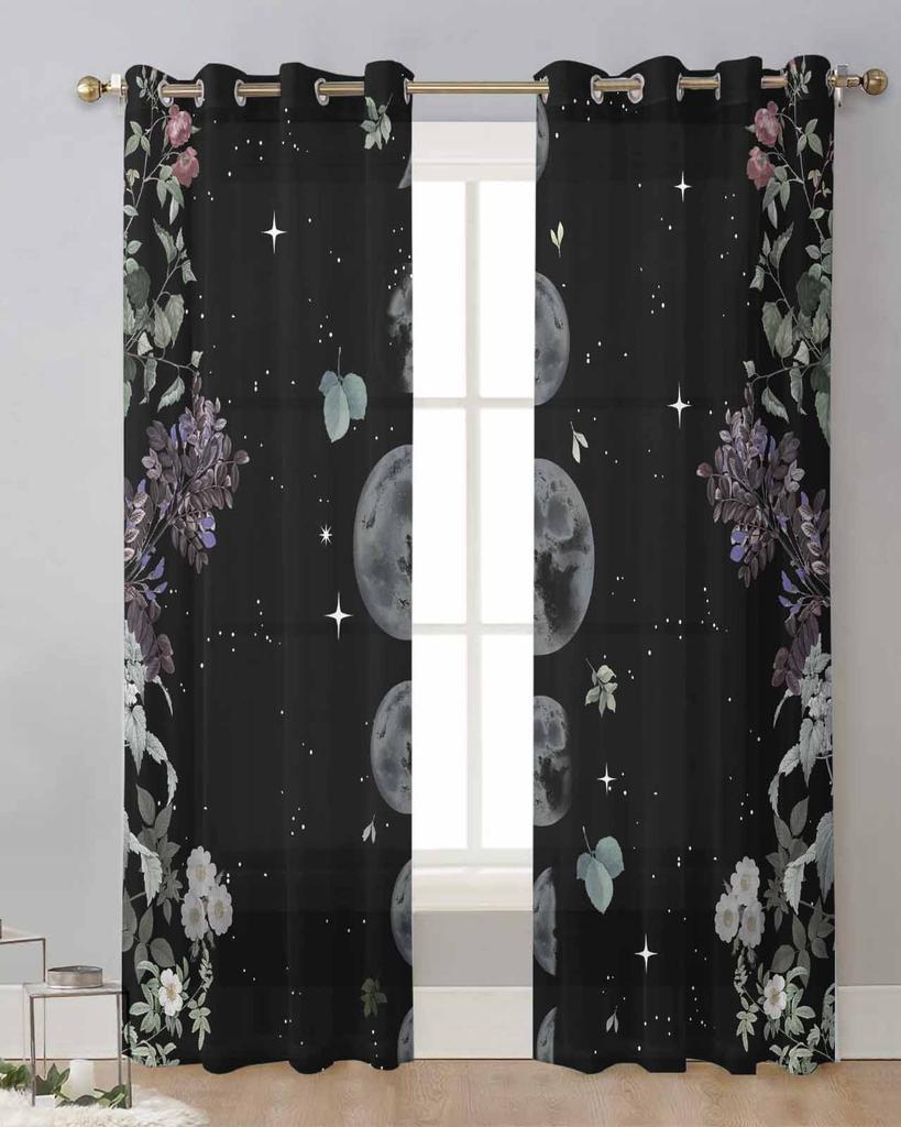 Lunar Flowers Plants Retro Stars Black Sheer Curtains for Living Room Decoration Window Curtains Kitchen Tulle Voile Curtains