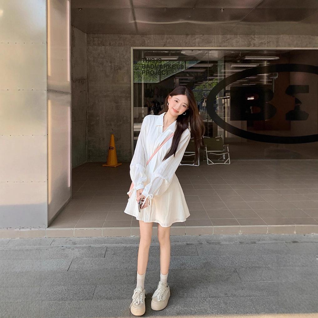 Korean White Small Lapel Dress, New Autumn Long-sleeved Lace-up, Thin Waist A-word Short Skirt Is Stylish