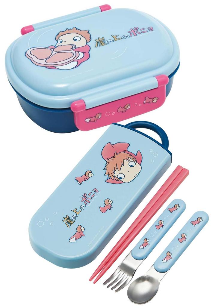Skater Lunch Box Trio and Made in Studio Ponyo on the TACC2AG Children's Set, Chopsticks, Spoon, Fork, Kids' Cutlery, Antibacterial, Easy-Open