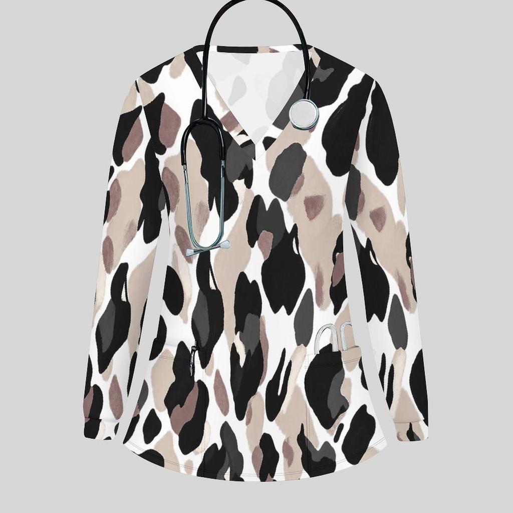 Women Plus Size V Neck Long Sleeve Printed Blue White Nurse Scrub Top With Front Pockets