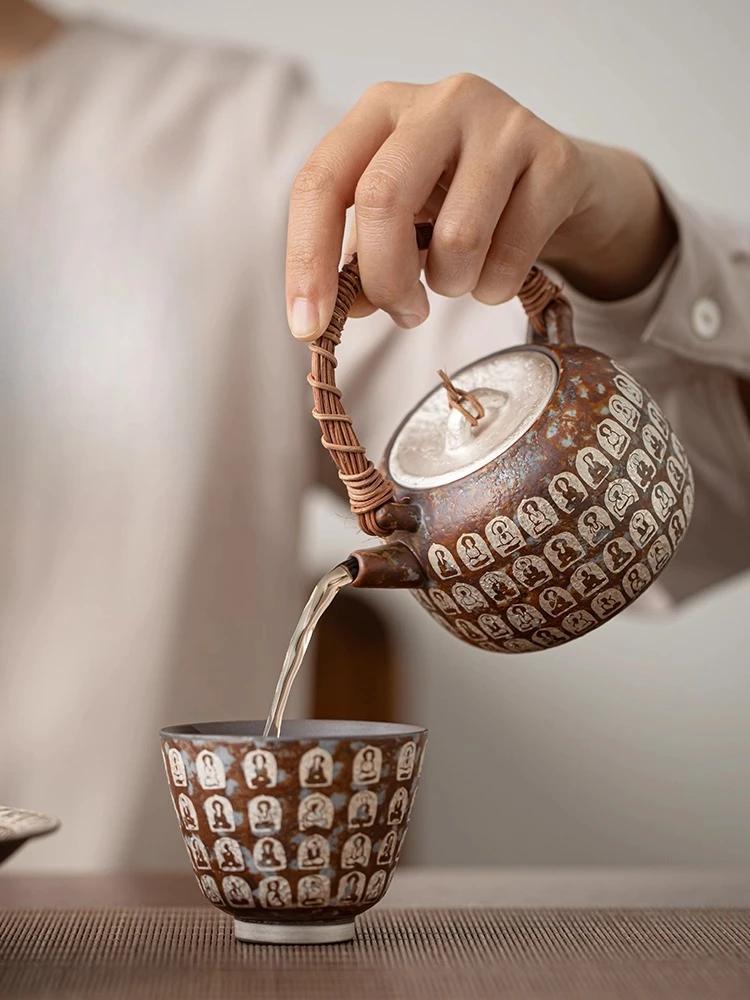 Dunhuang Wanfo Old Rock Mud Gilded Silver Vine Weaving Beam Pot Vintage Kung Fu Tea Set Large Capacity Ceramic Tea