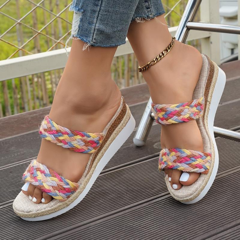 Fashion Bohemia Colorful Woven Strap Slip On Sandals Women Summer Round Toe Wedge High Heel Sandals Deodorization Fabric Insole Shoes