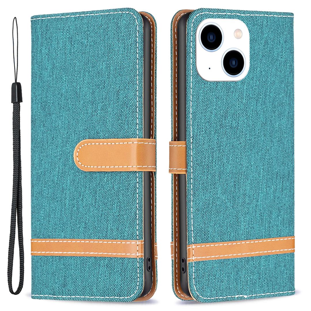 

Для iPhone 15 Джинсовая ткань Сращивание ПУ кожа+ТПУ Чехол для телефона Кошелек Подставка Противоцарапная крышка Green